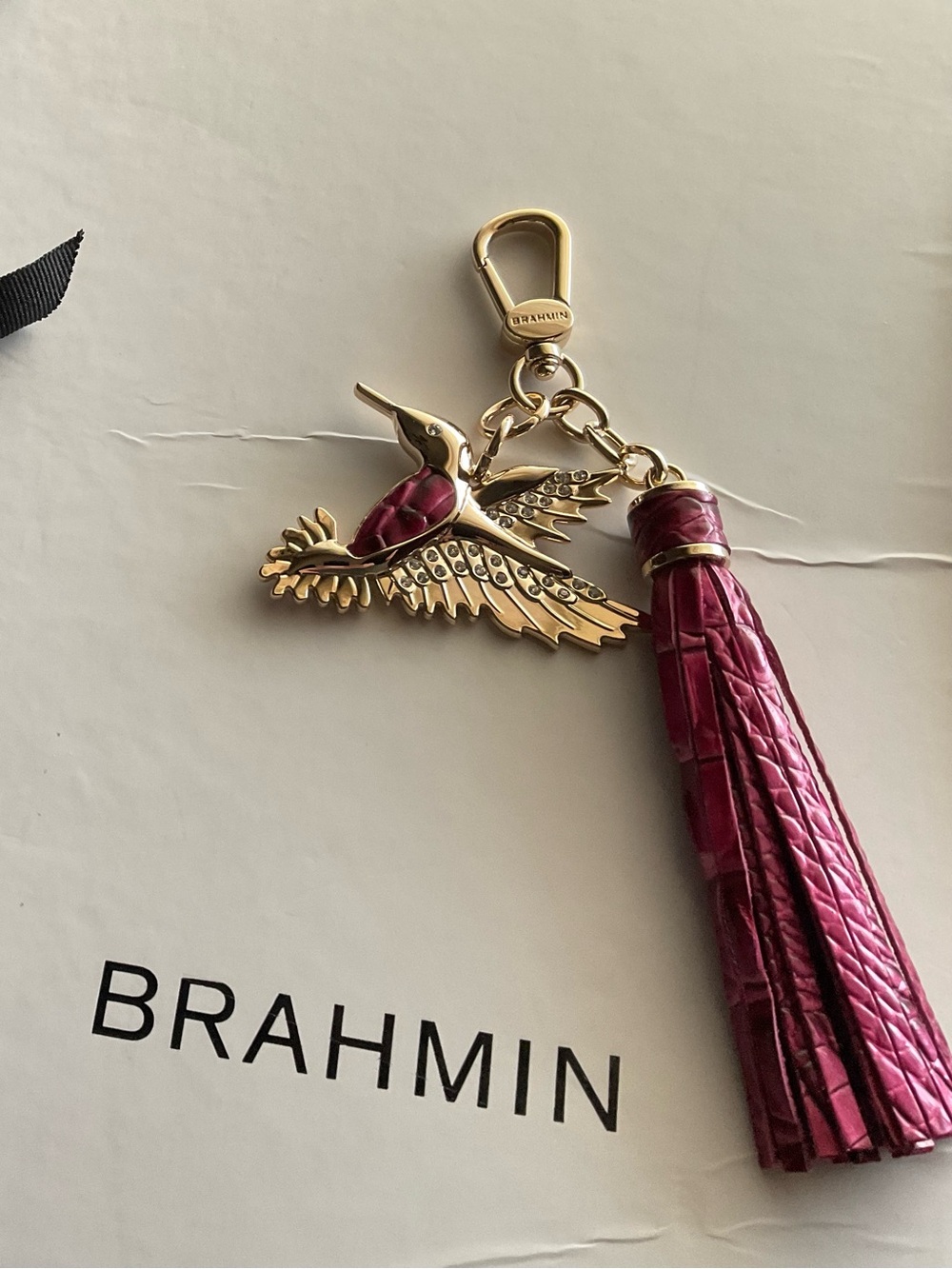 NWOT beautiful Brahmin Magenta & Gold Hummingbird Tassel Keychain